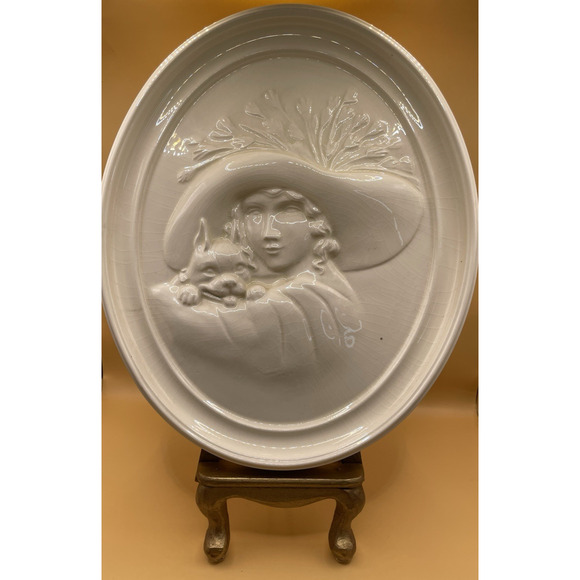 Vintage 1970s Duncan Ceramic Cameo Syle Portrait of Lady in Hat and Dog - Picture 2 of 11